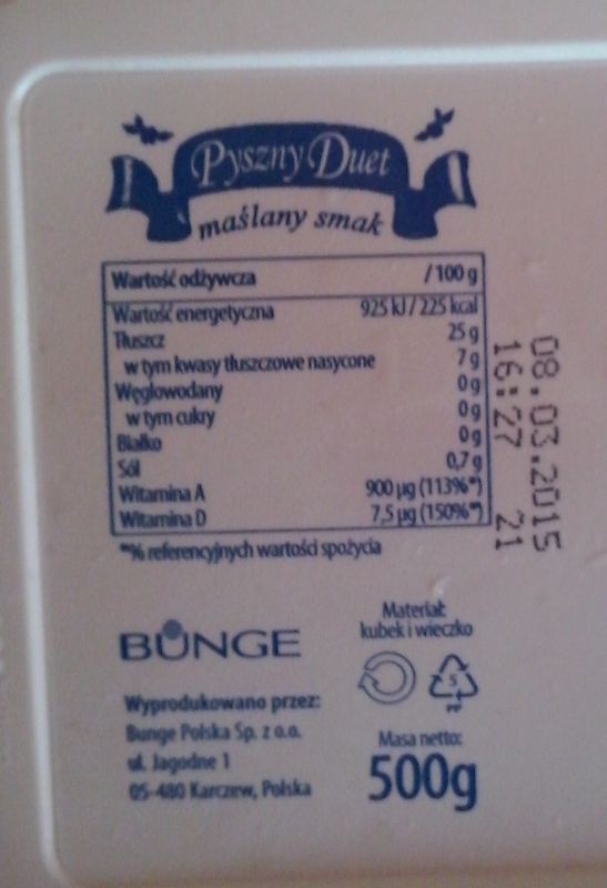 Ile kalorii ma Pyszny Duet tłuszcz roślinny do smarowania (Bunge Polska